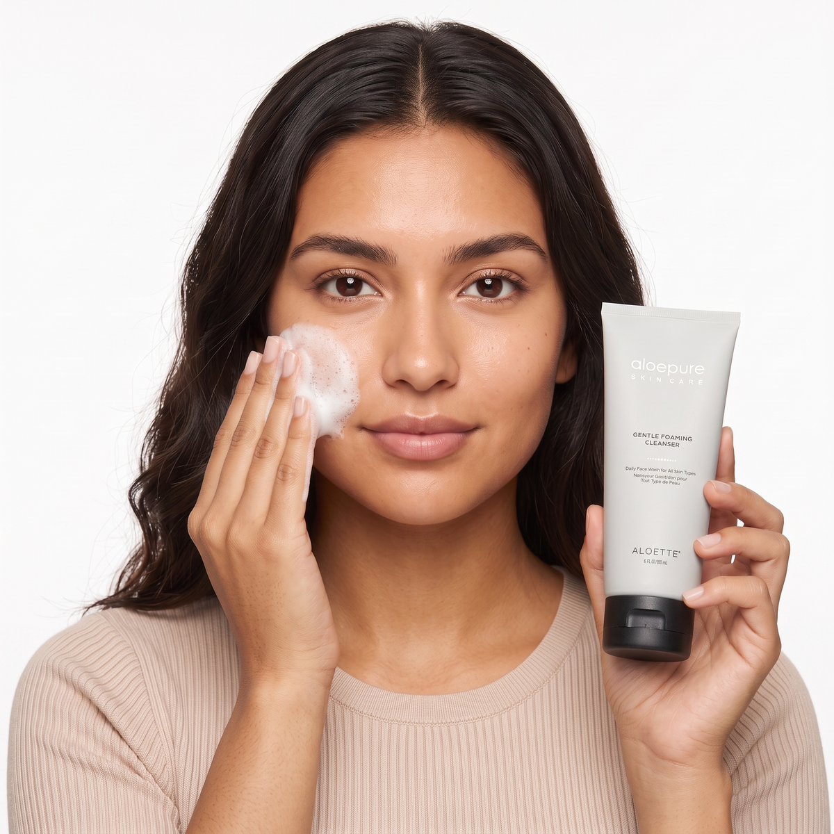 Who should try Aloette Gentle Foaming Cleanser — model with foam lather