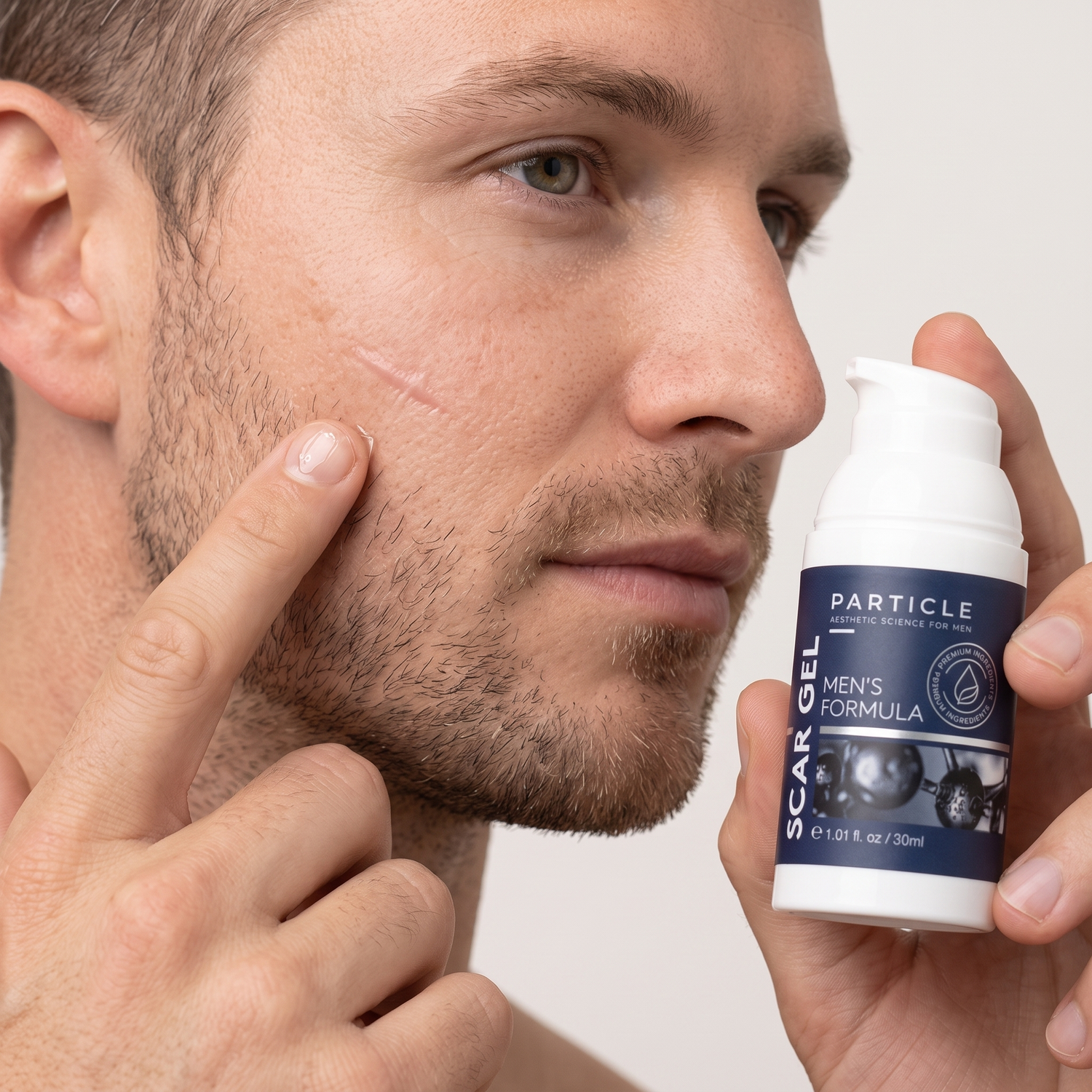 Man applying Particle Scar Gel Men's Formula to a scar — Who should try these GOODS