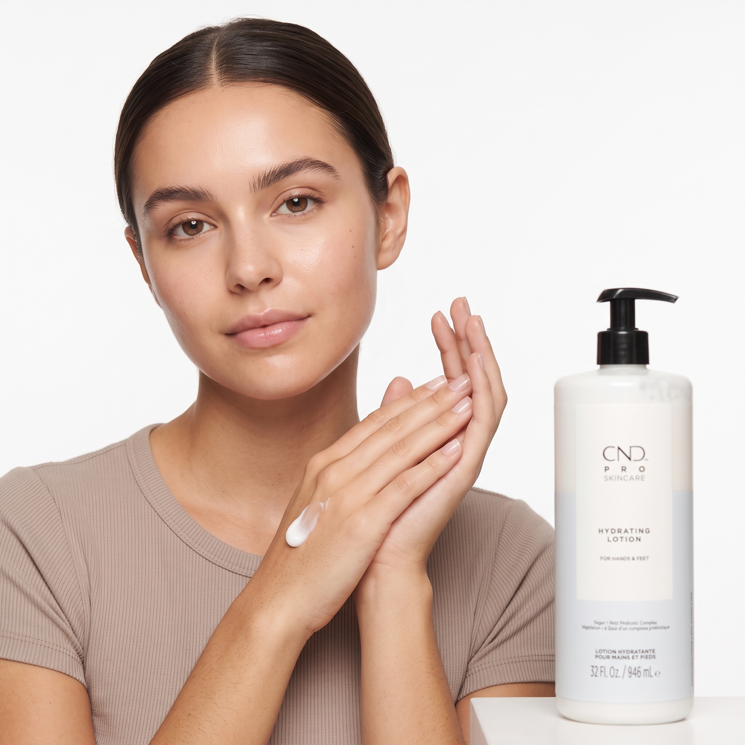 Who should try CND Pro Skincare Hydrating Lotion — model massaging lotion into her hands