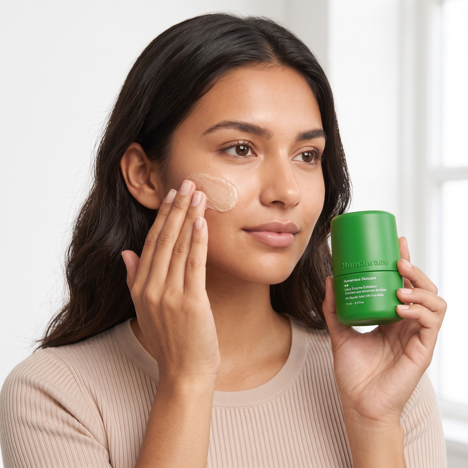 Who should try Humanrace Lotus Enzyme Exfoliator — model exfoliating