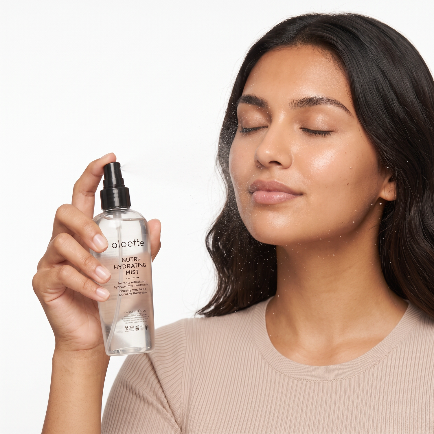 Who should try Aloette Nutri-Hydrating Mist — model misting her face