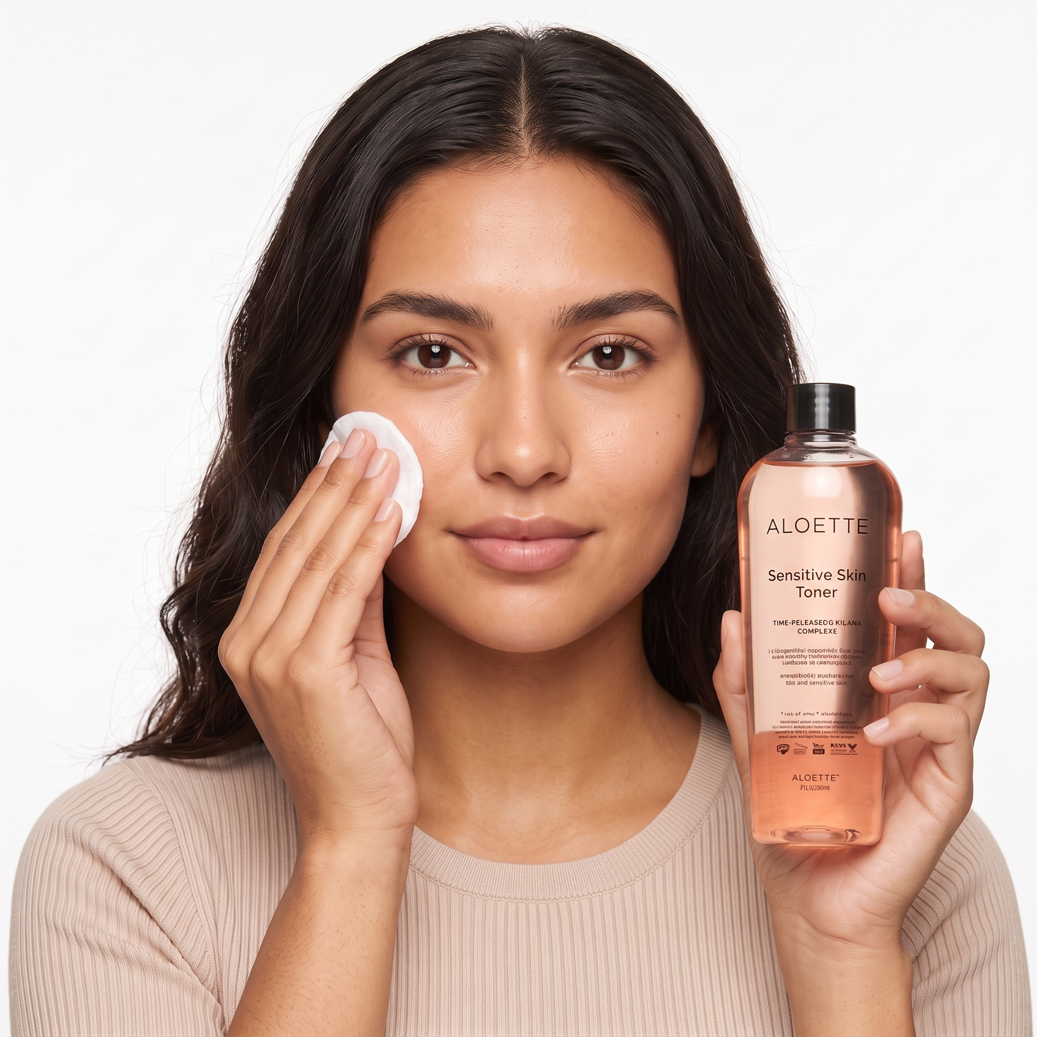 Who should try Aloette Sensitive Skin Toner — model applying toner with a cotton pad