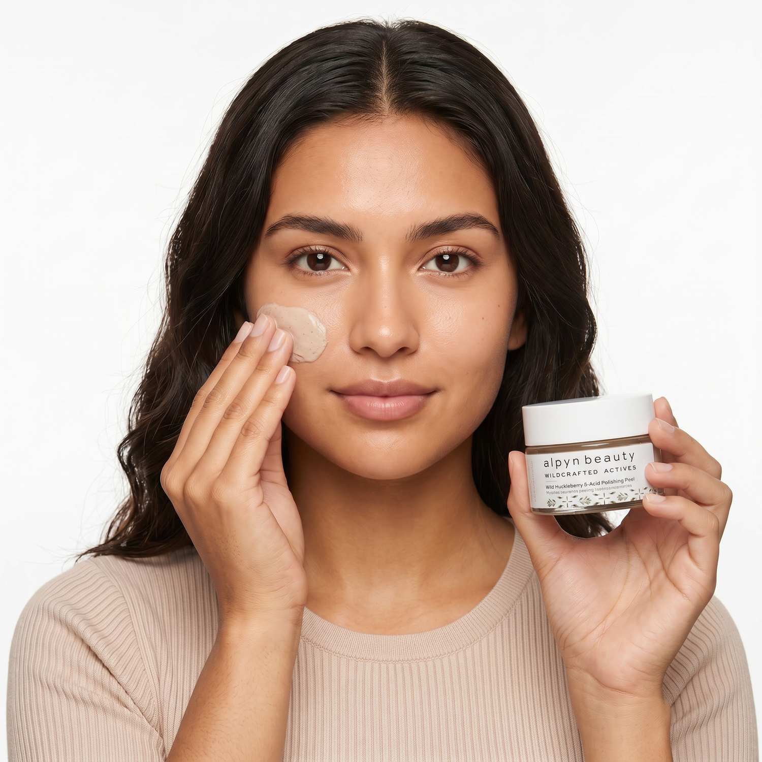 Who should try Alpyn Beauty Wild Huckleberry Polishing Peel — model applying peel