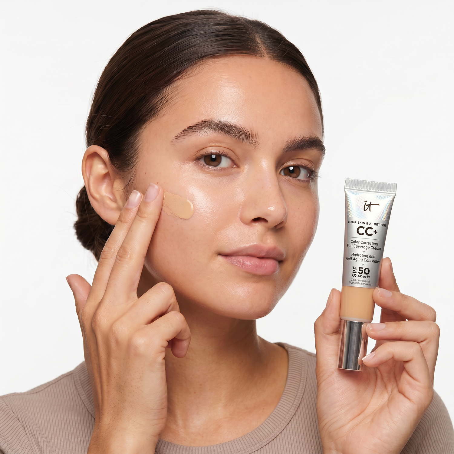 Who should try IT Cosmetics CC+ Cream SPF 50 (travel size) — model blending CC cream