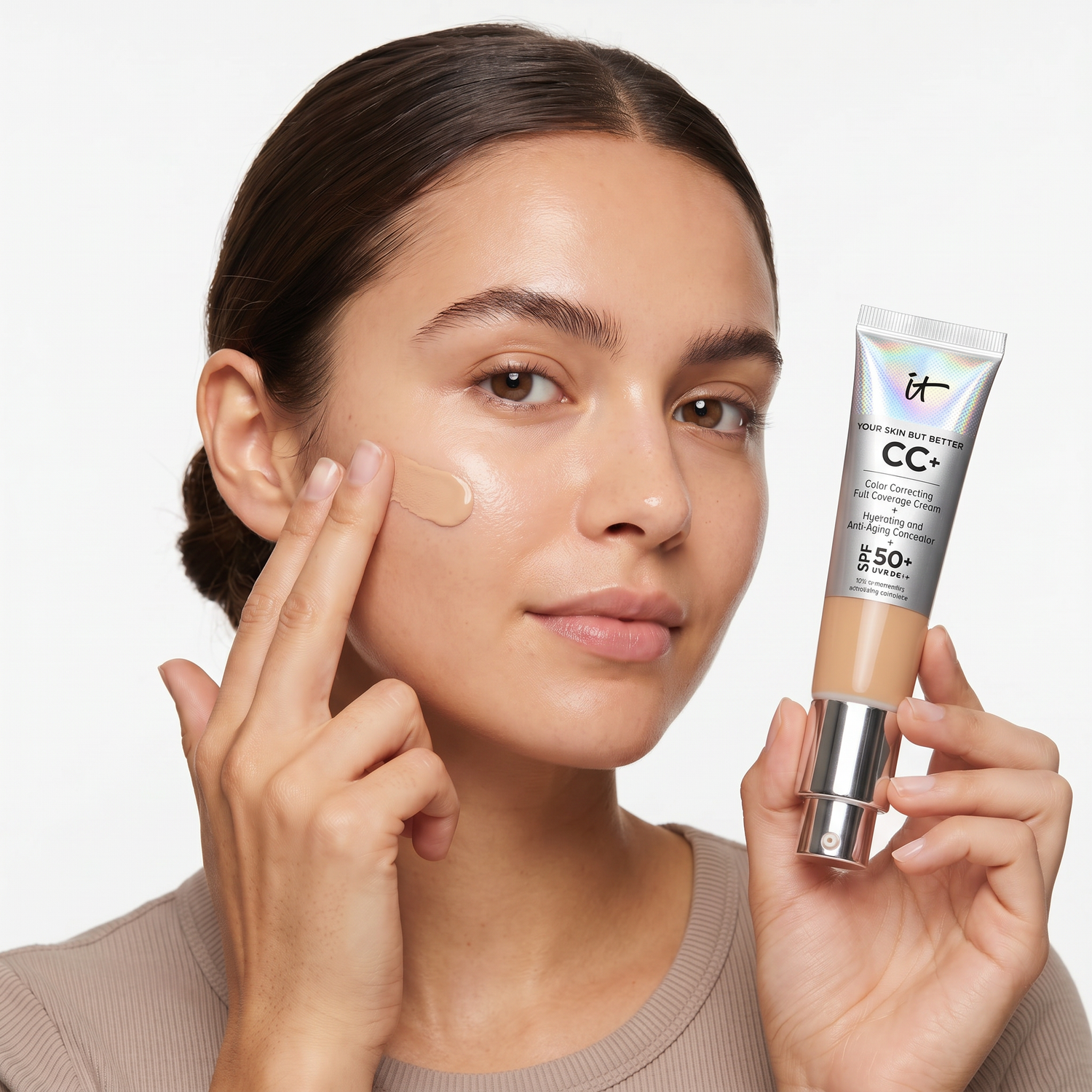 Who should try IT Cosmetics CC+ Cream SPF 50 — model blending CC cream