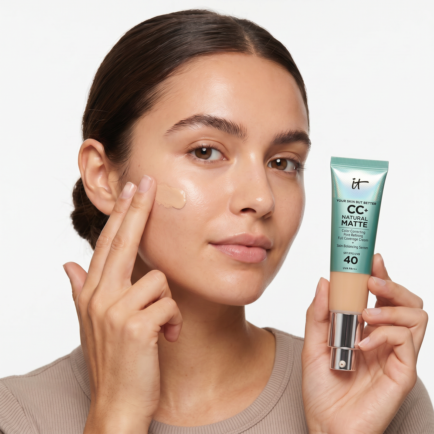 Who should try IT Cosmetics CC+ Cream Foundation Matte — model blending CC cream