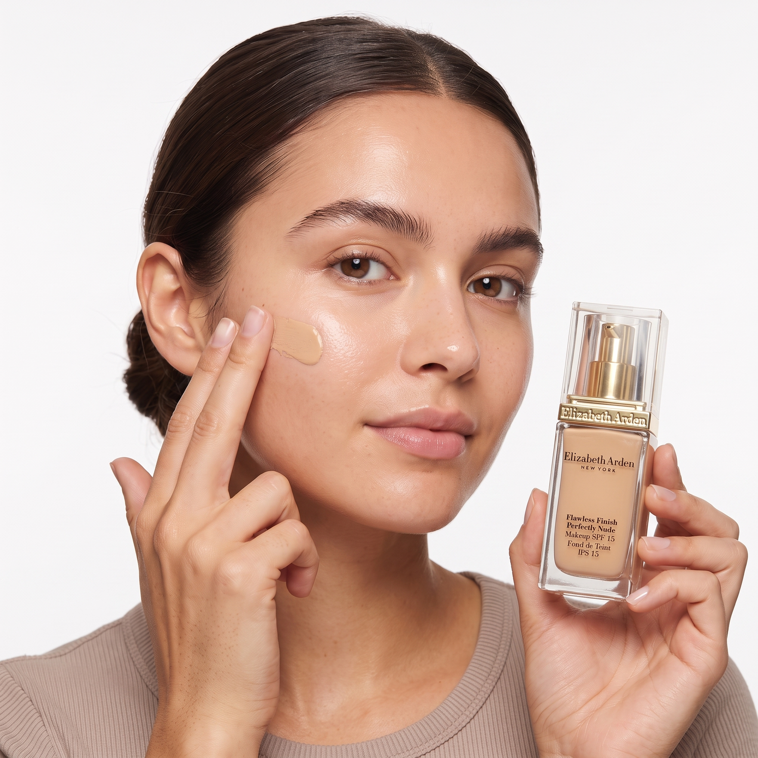 Who should try Elizabeth Arden Flawless Finish Perfectly Nude Makeup — model blending foundation